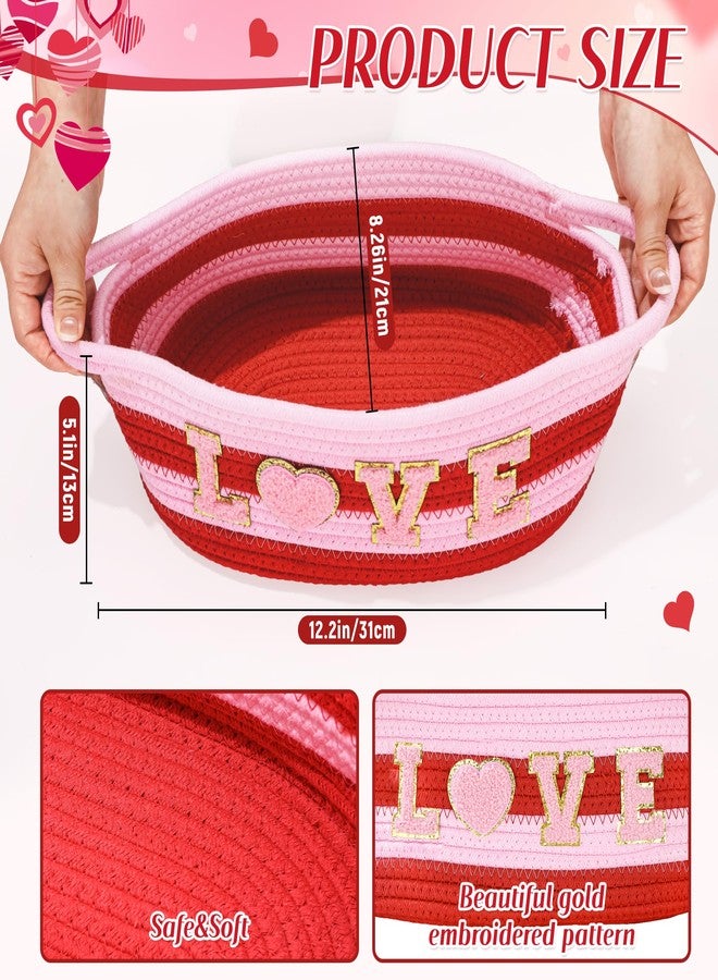 Vynium 2 Set Valentine Day Woven Gift Basket Empty, Red Small Woven Basket Gift Set with Bow, Greeting Card, Heart Tissue Paper, 12''x 8''x 5'' Red Gift Basket with Handles for Wedding Birthday Home Decor - Image 2
